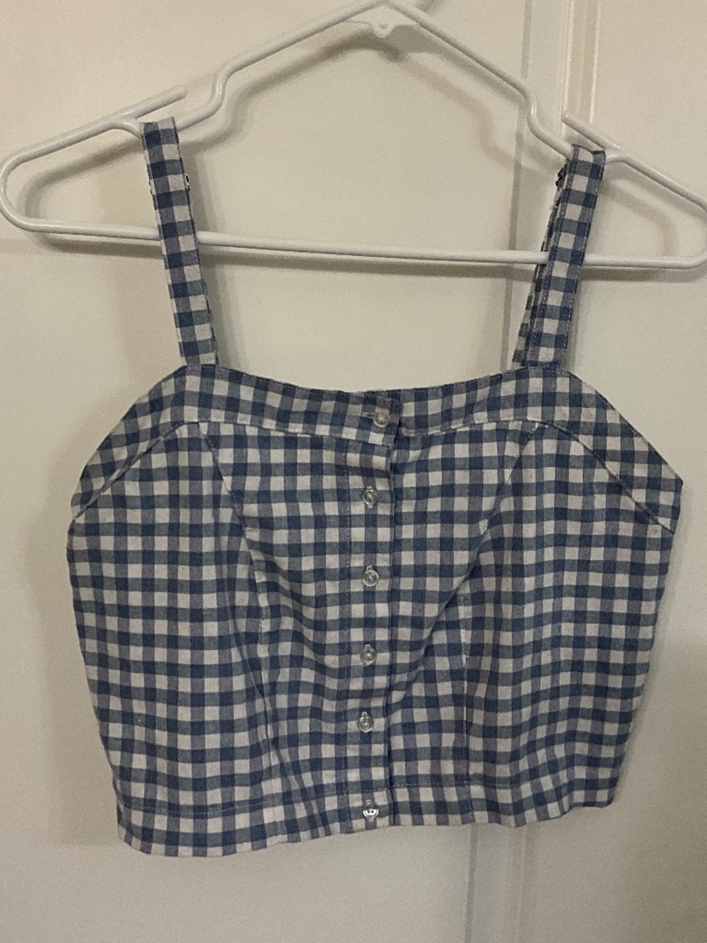 John Galt Blue White Gingham Button Front Smocked Crop Top Camisole Tank